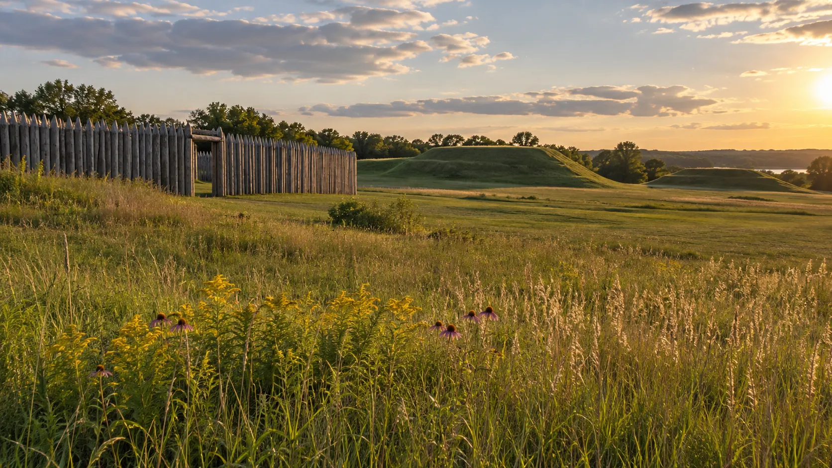 A reconstructed wooden palisade overlooks ancient earthen mounds at Aztalan State Park.