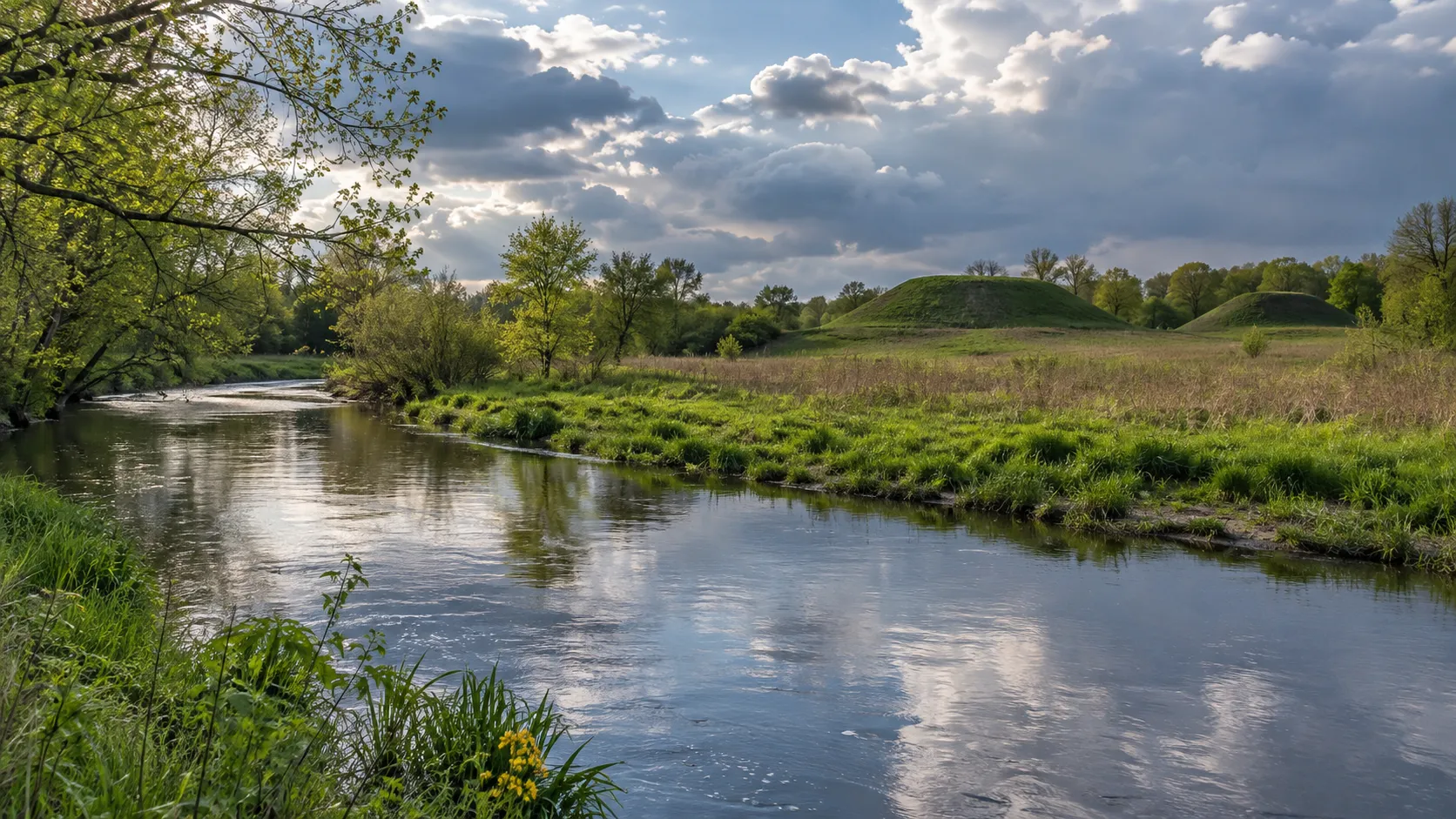 The Crawfish River curves below green earthen mounds at Aztalan State Park.