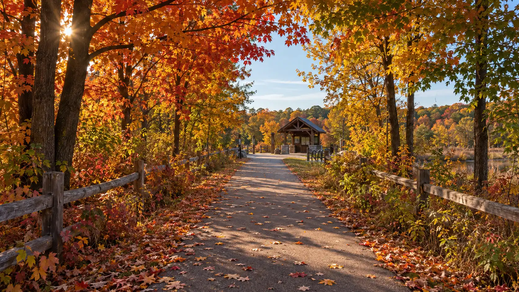 Autumn maples surround the Glacial Drumlin State Trail near Lake Mills.