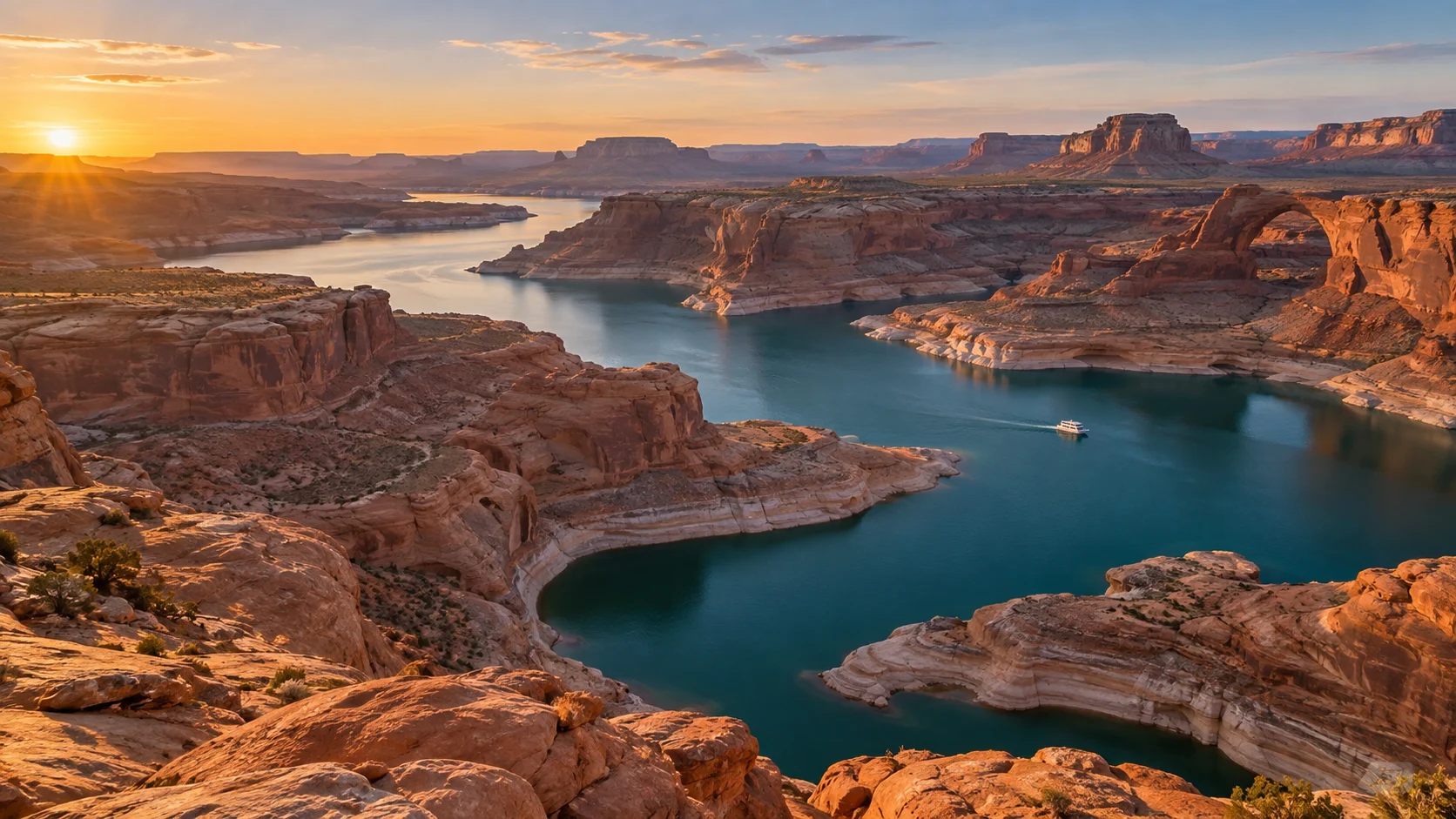 Lake Powell winding between red sandstone canyons in Arizona and Utah.