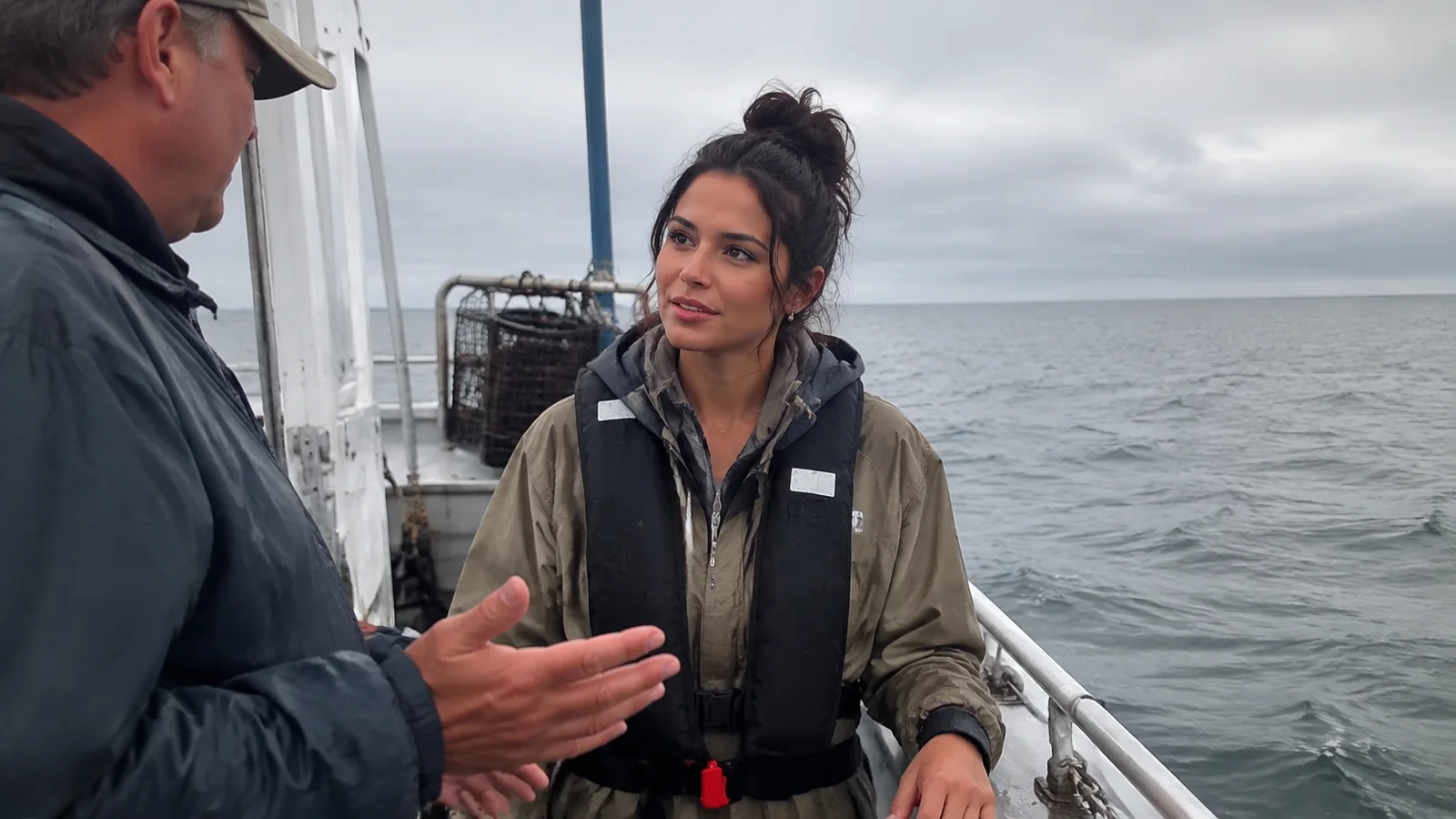 Woman listening to a man aboard a fishing boat.