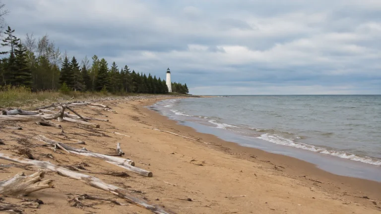 Driftwood lies along a sandy shore beneath a distant white lighthouse.