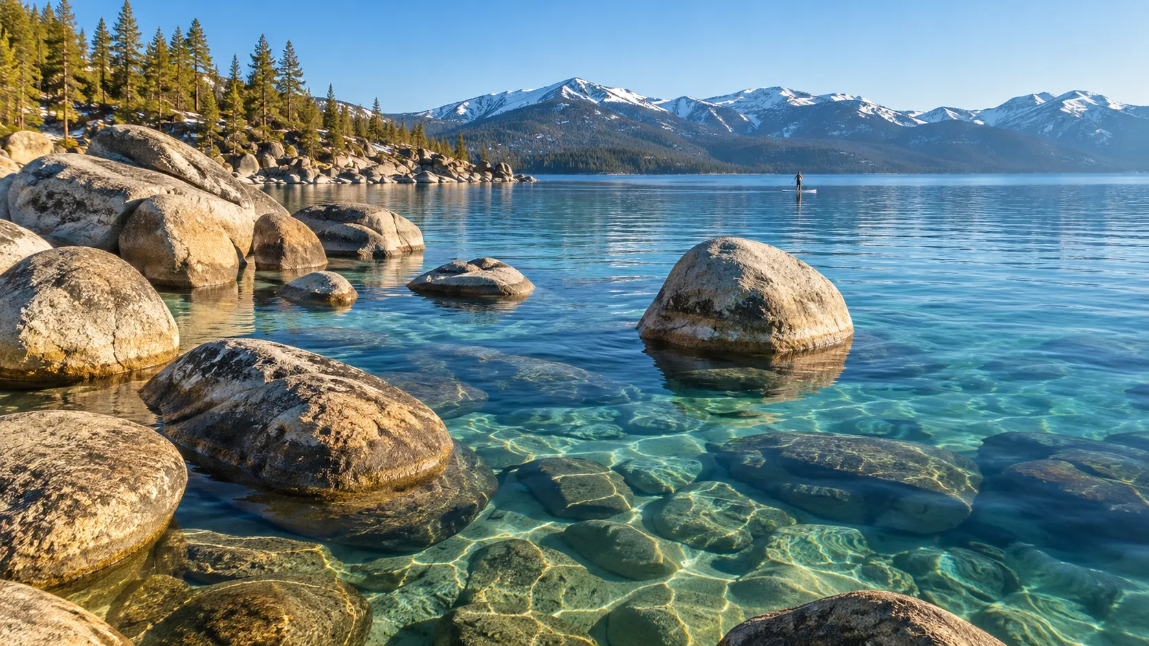 Clear turquoise shallows and granite boulders at Lake Tahoe's Sand Harbor.
