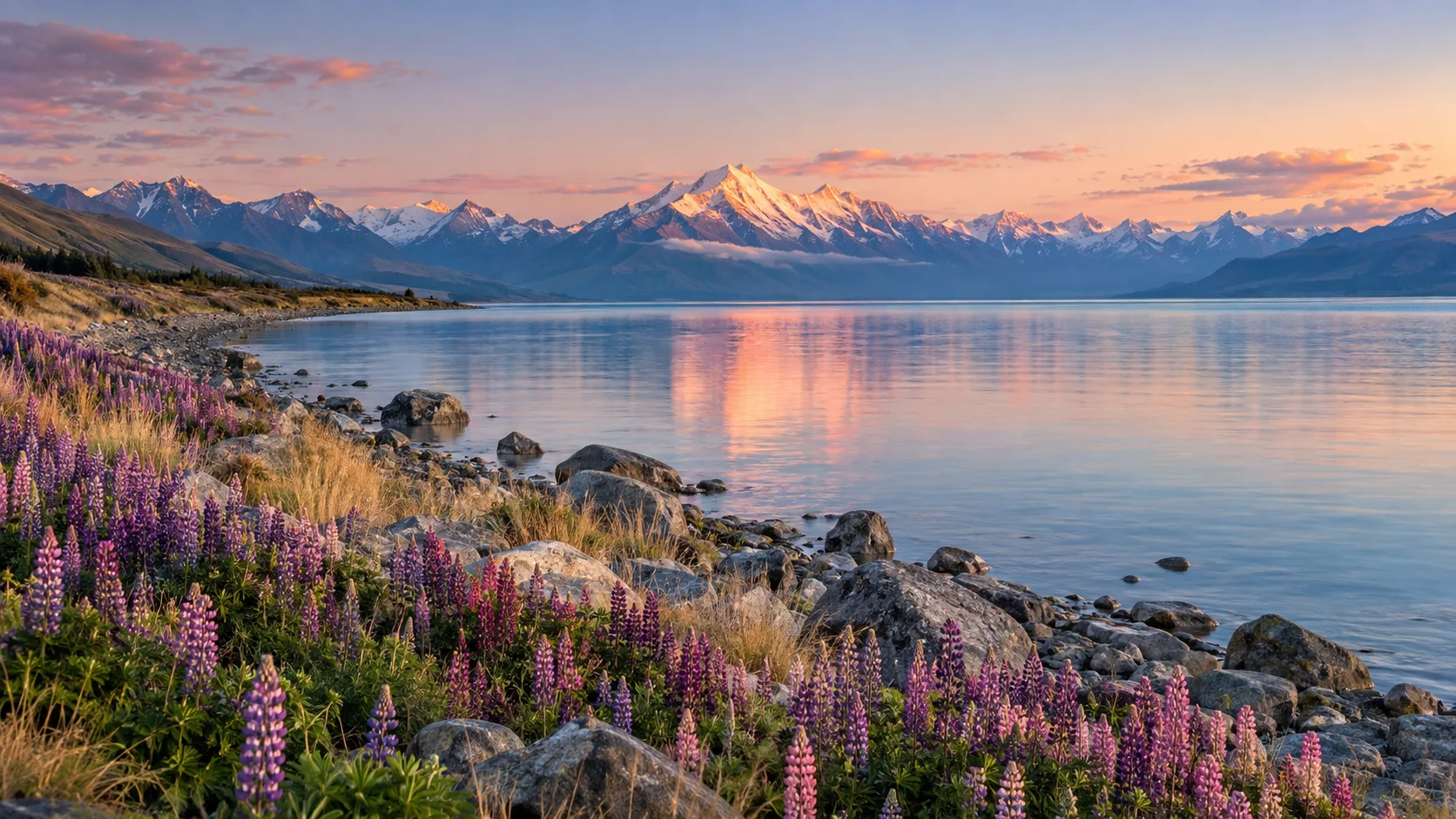 Lake Pukaki reflecting Aoraki Mount Cook beyond a shoreline of colorful lupins.