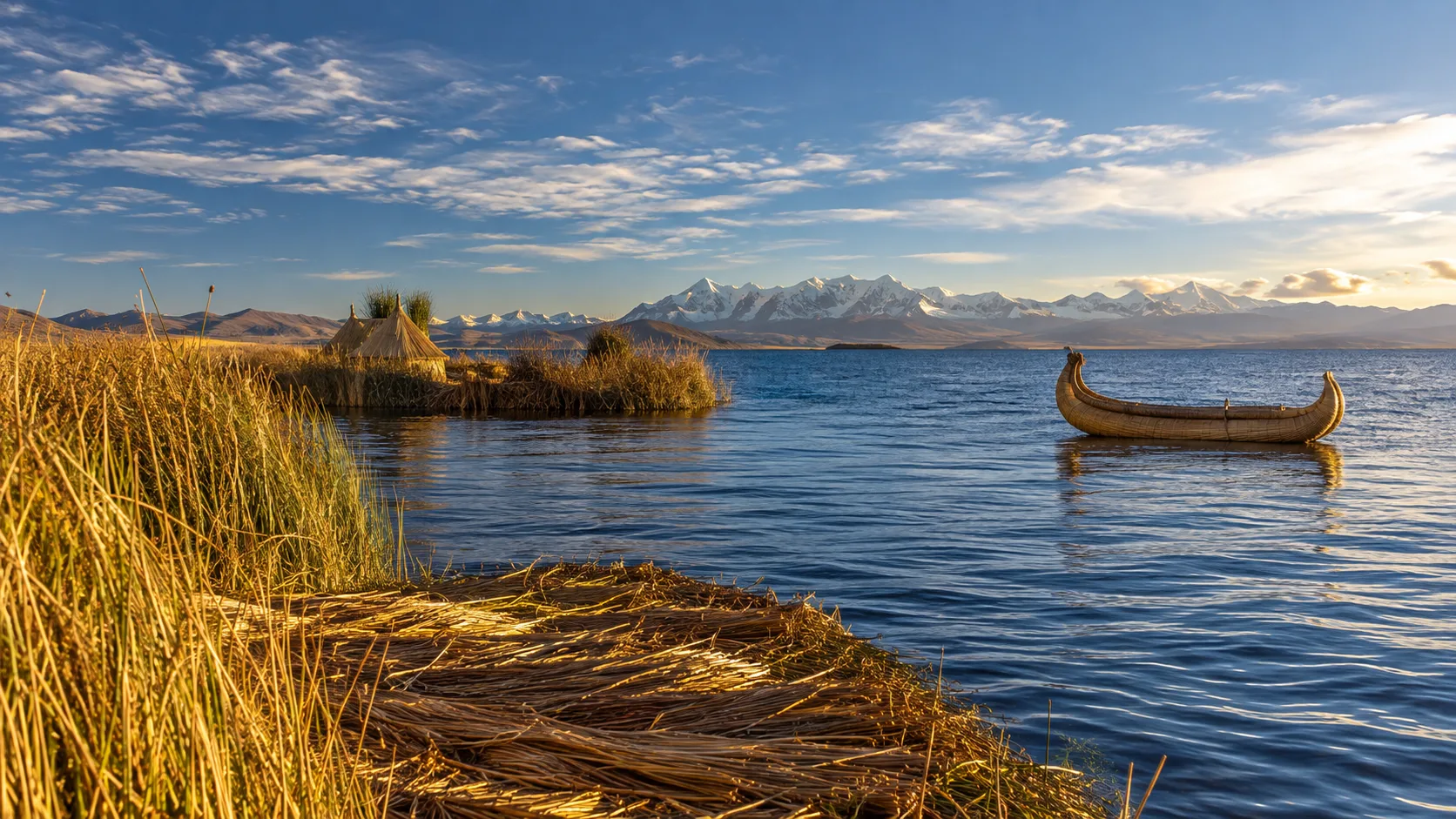 Golden totora reeds and a traditional reed boat on Lake Titicaca beneath Andean peaks.