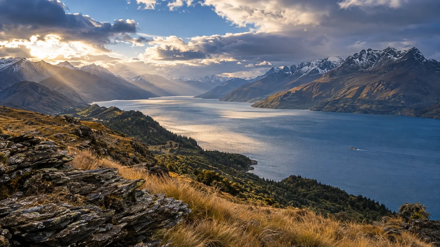 Lake Wakatipu curving beneath snow-dusted mountains near Queenstown, New Zealand.