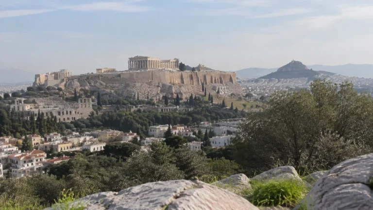 Ancient hilltop temple complex overlooking a sprawling city below.