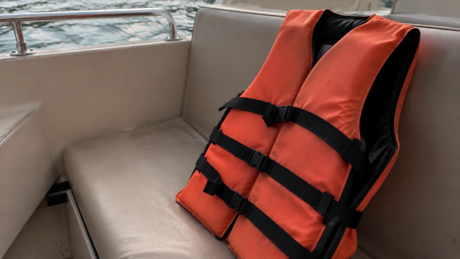 Orange life jacket resting on a cushioned boat seat.