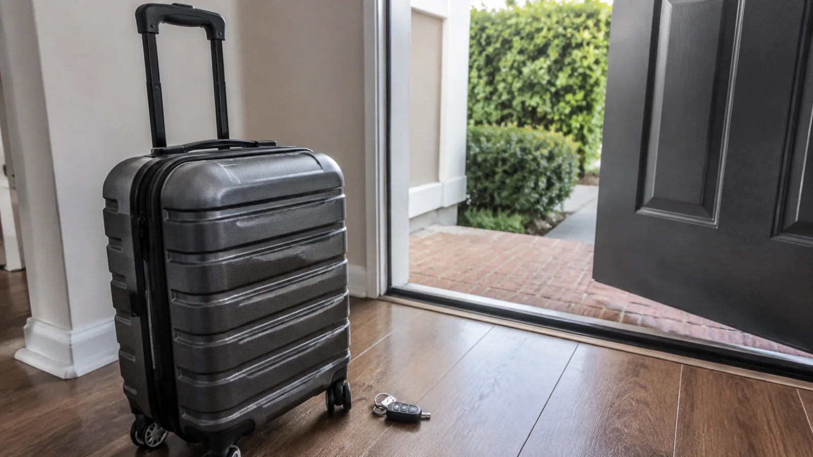 Black wheeled suitcase stands beside an open front door.