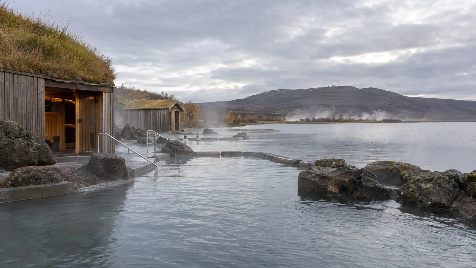Lakeside geothermal pools and turf-roofed saunas at Laugarvatn Fontana