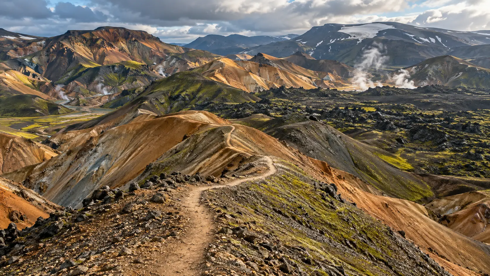 The Laugavegur Trail crossing the colorful rhyolite mountains of Landmannalaugar.
