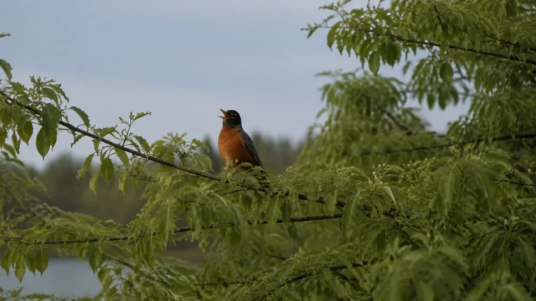 Orange-breasted bird perched on a leafy branch with its beak open.