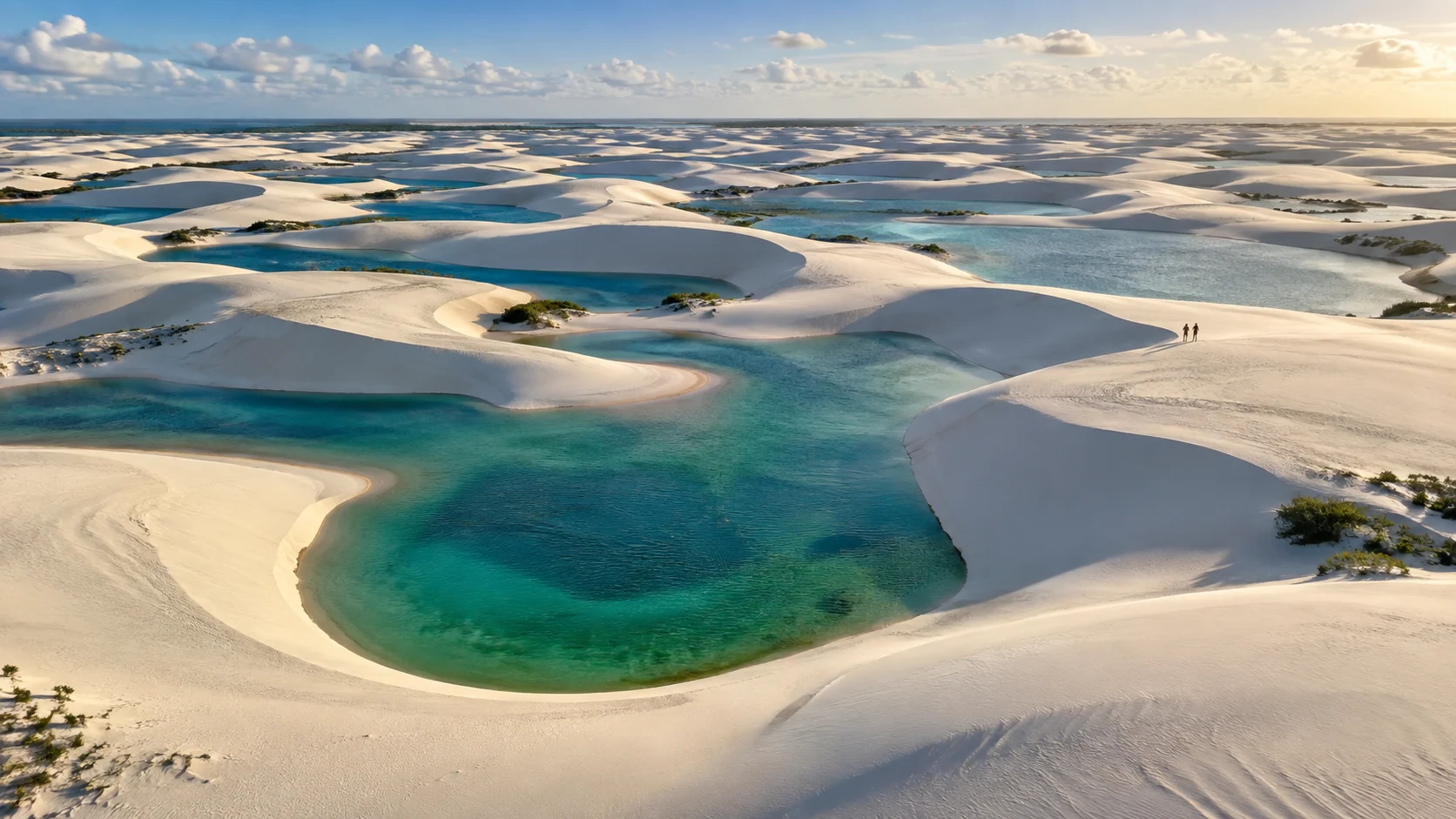 Turquoise rain lagoons weave among white dunes in Lençóis Maranhenses National Park, Brazil.