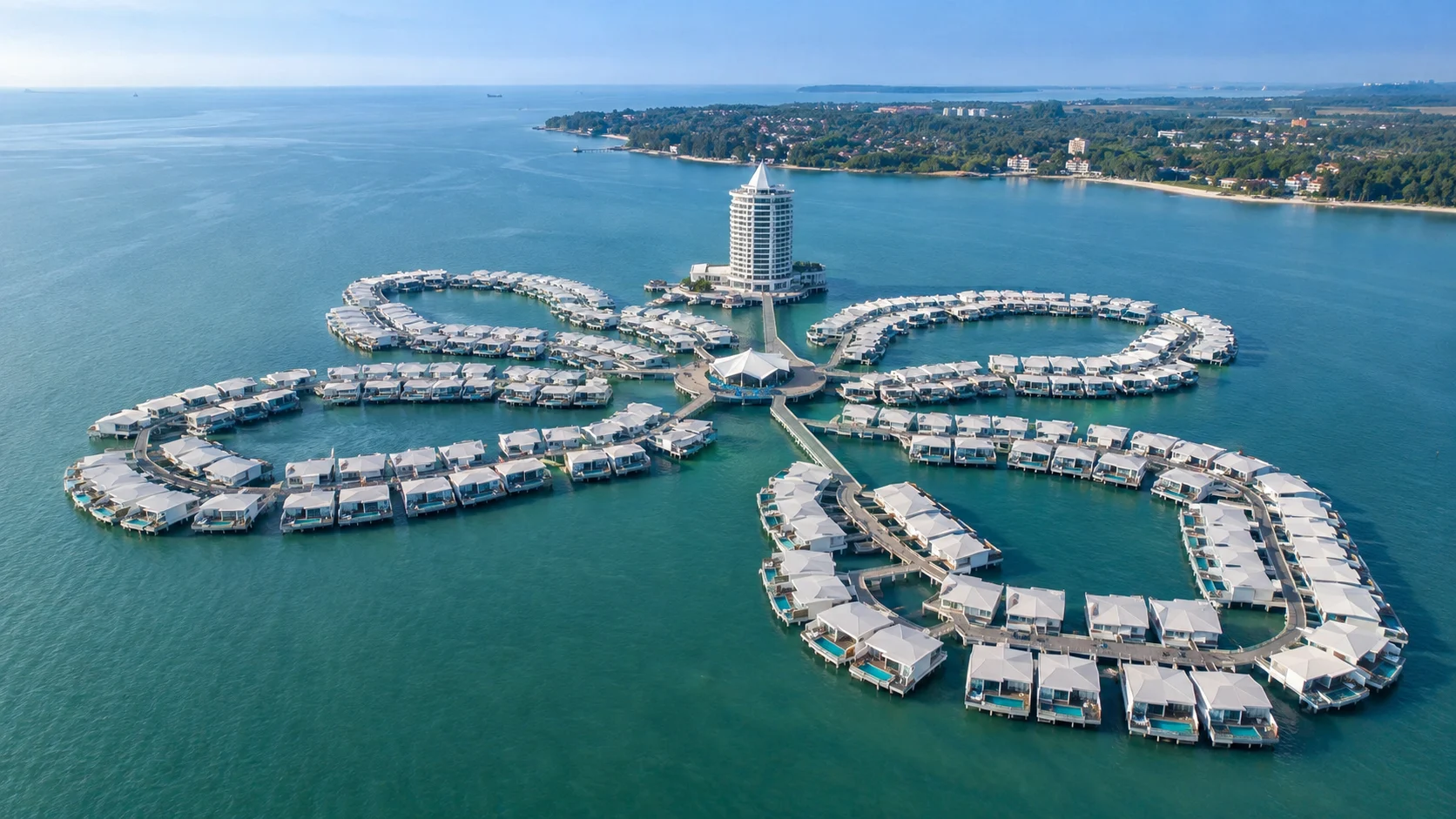 Aerial view of the hibiscus-shaped overwater villas at Lexis Hibiscus Port Dickson in Malaysia.