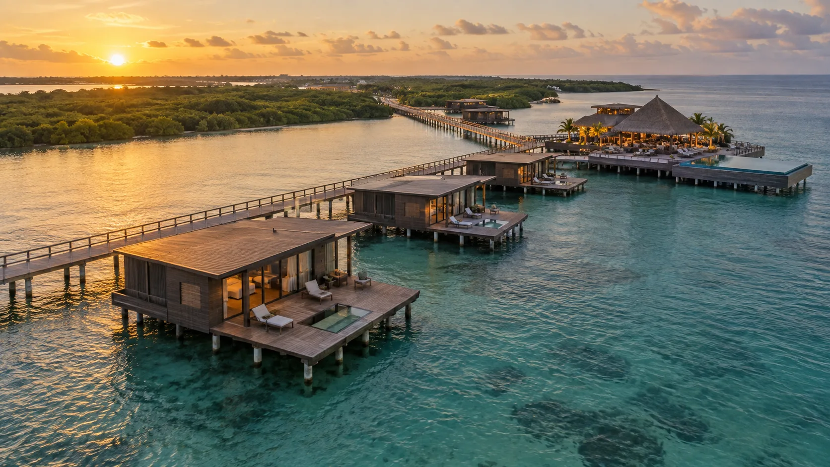 Lina Point overwater cabanas, long bridge and infinity pool near San Pedro, Belize.