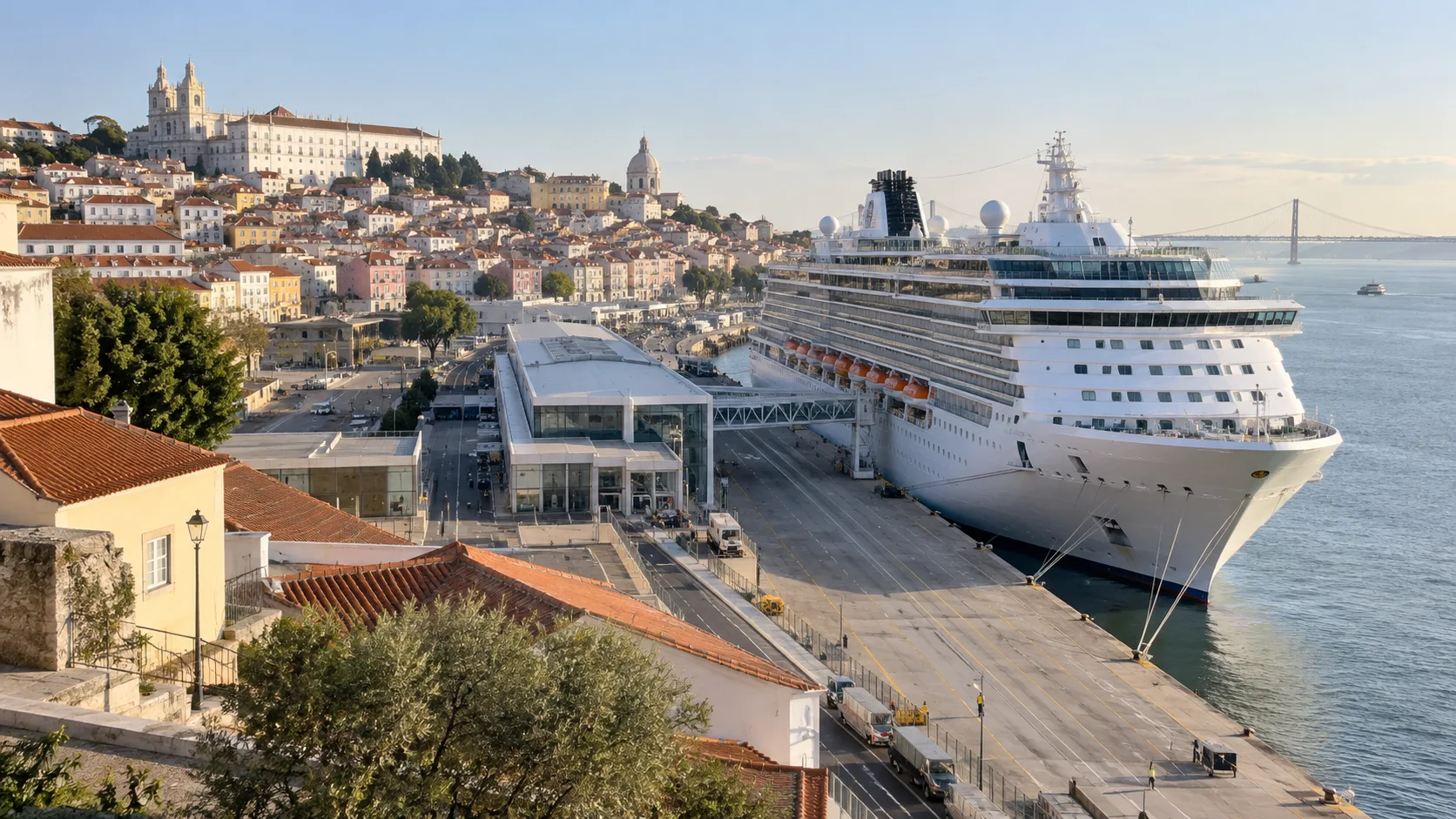 Cruise ship at Lisbon terminal below the Alfama hillside