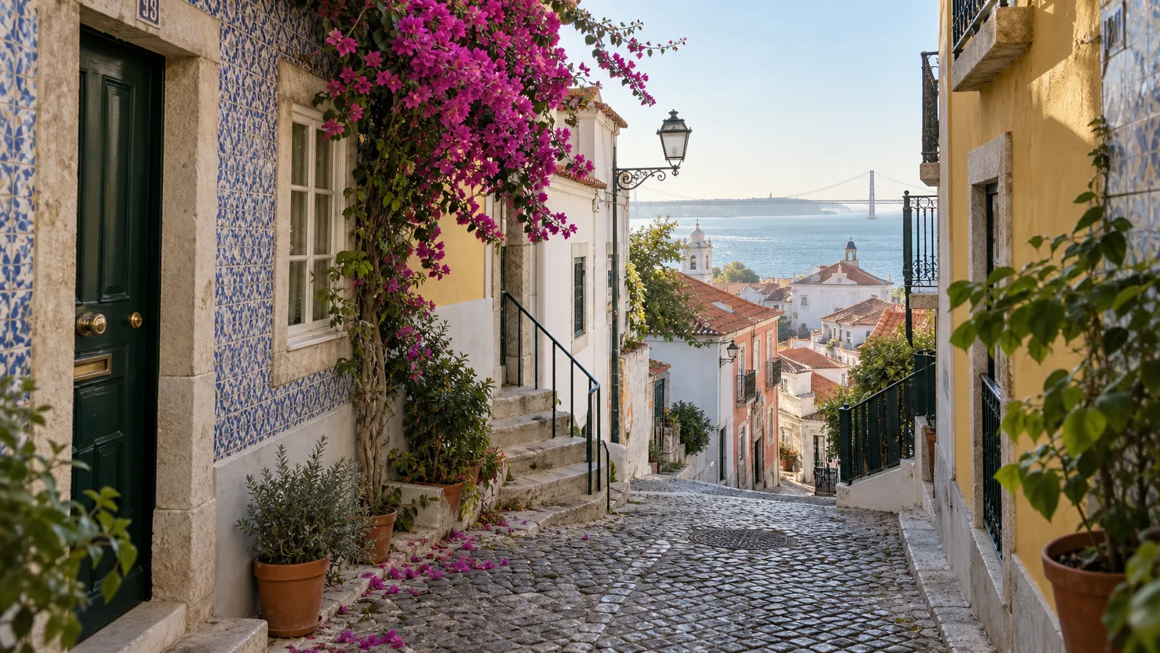 Tiled cobbled street in Lisbon's Alfama neighborhood