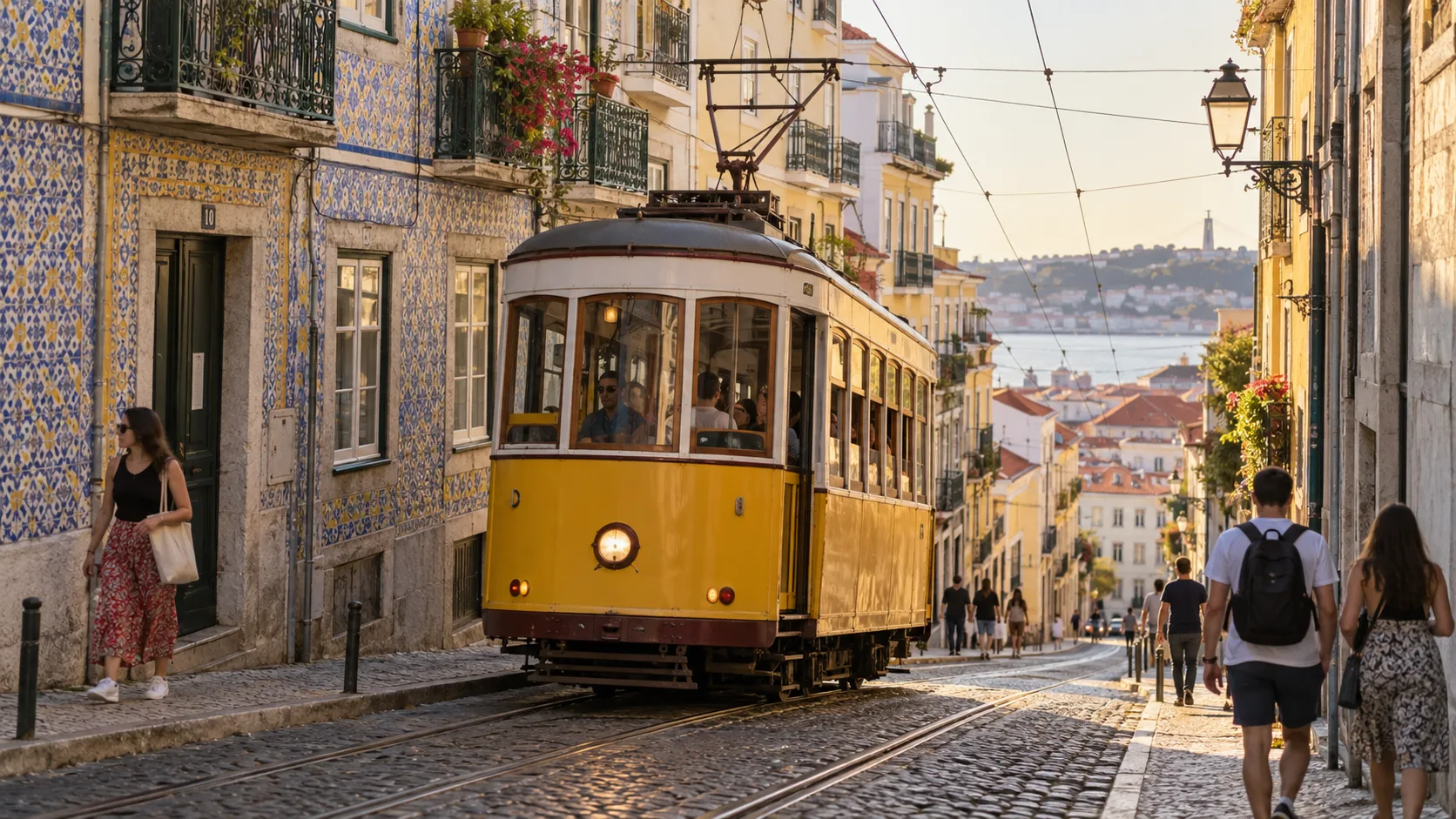 Classic yellow Lisbon tram on a steep tiled street