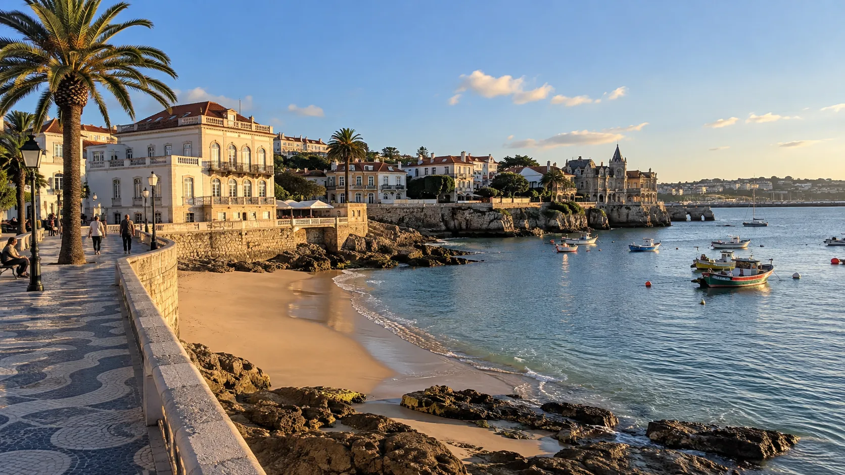 Cascais waterfront promenade and fishing boats