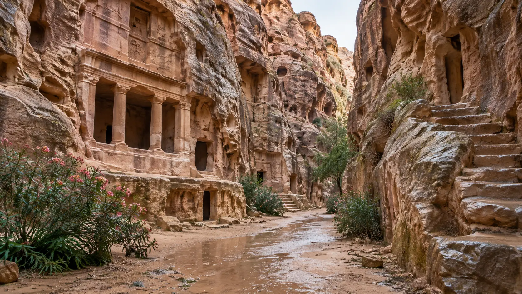 Rock-cut Nabataean facades and stairs inside the quiet sandstone canyon of Little Petra.