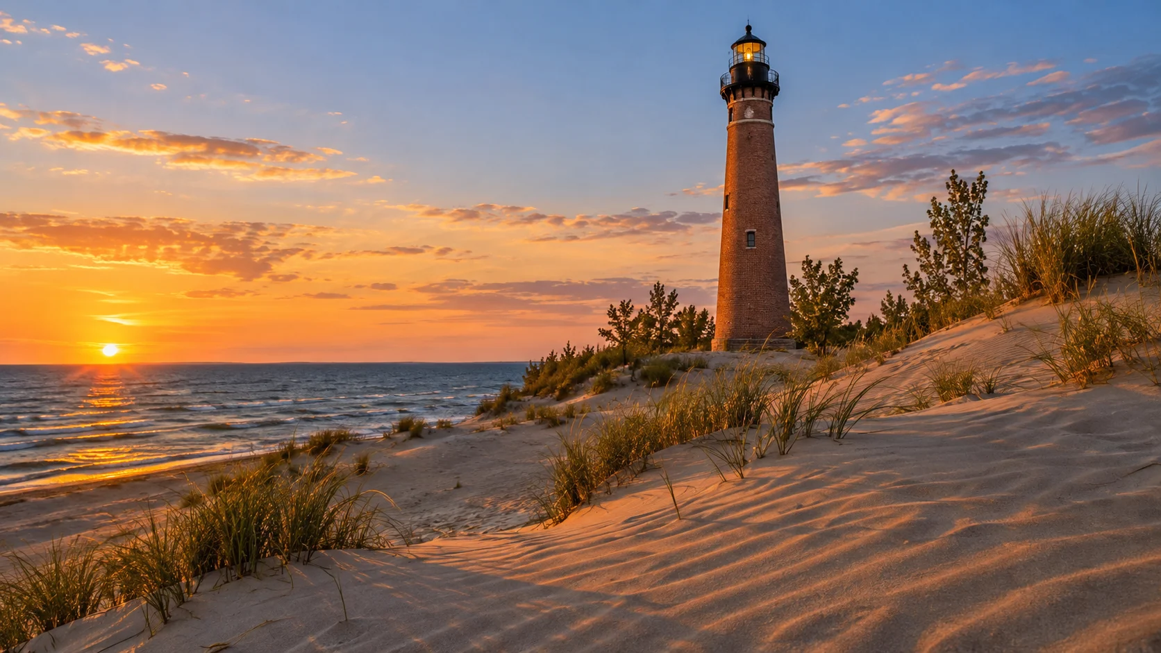 Red-brick Little Sable Point Lighthouse towering above golden dunes beside Lake Michigan