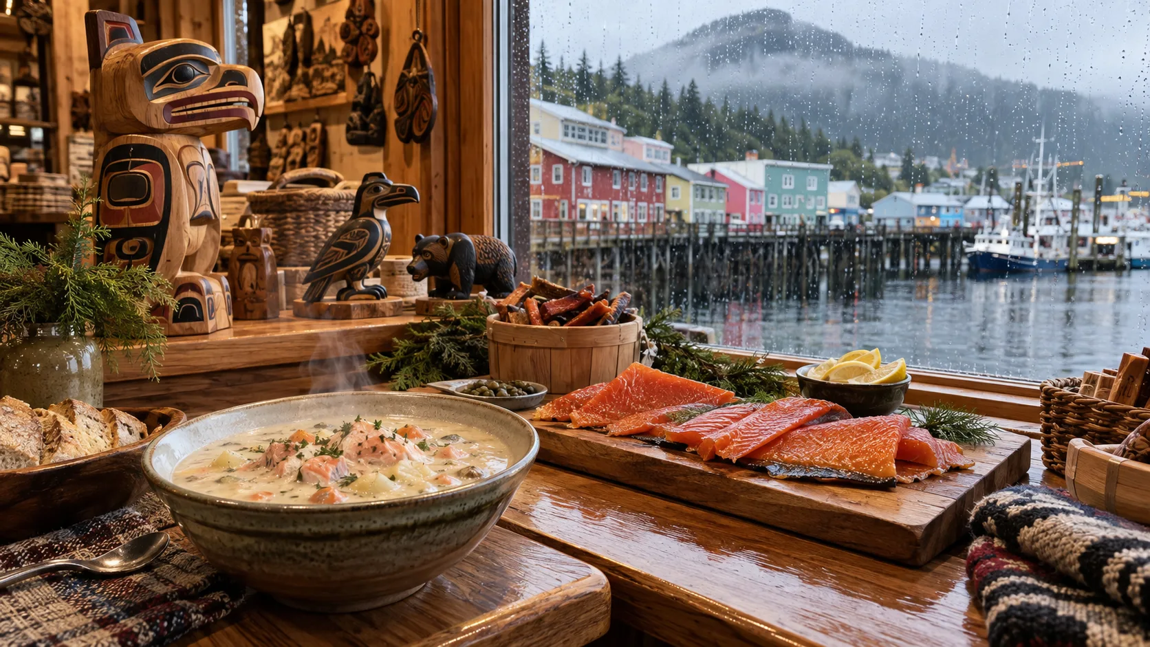 Salmon chowder, smoked salmon and carved cedar gifts beside a rainy Ketchikan waterfront