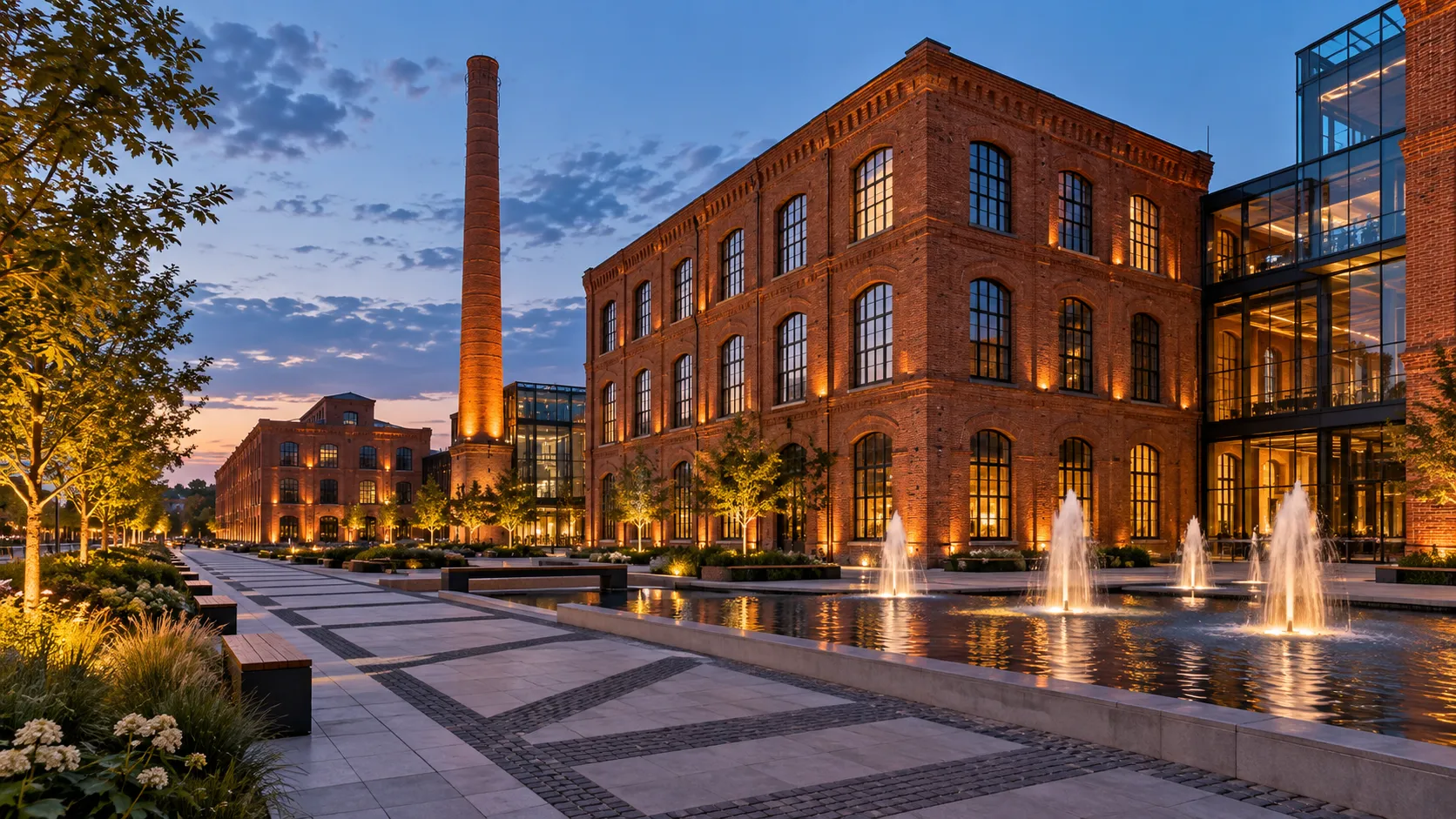 Restored red-brick textile mills, chimney and fountains at Manufaktura in Lodz