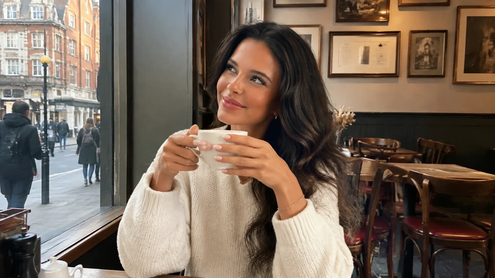 Woman holding a cup of tea beside a cafe window.