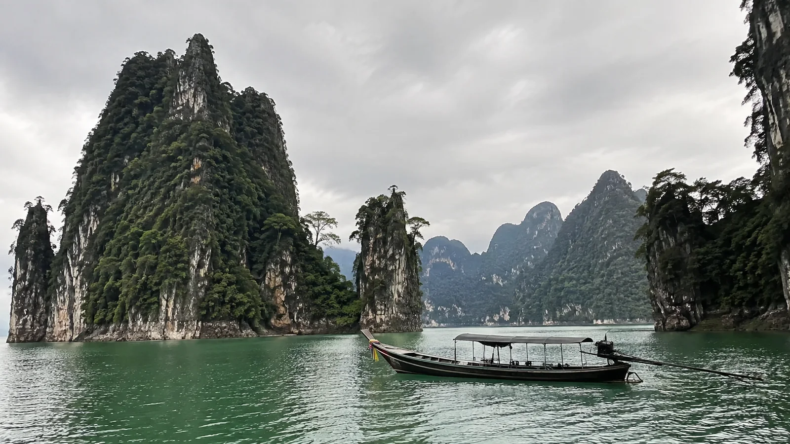Covered long-tail boat passes tall green rock formations on a lake.