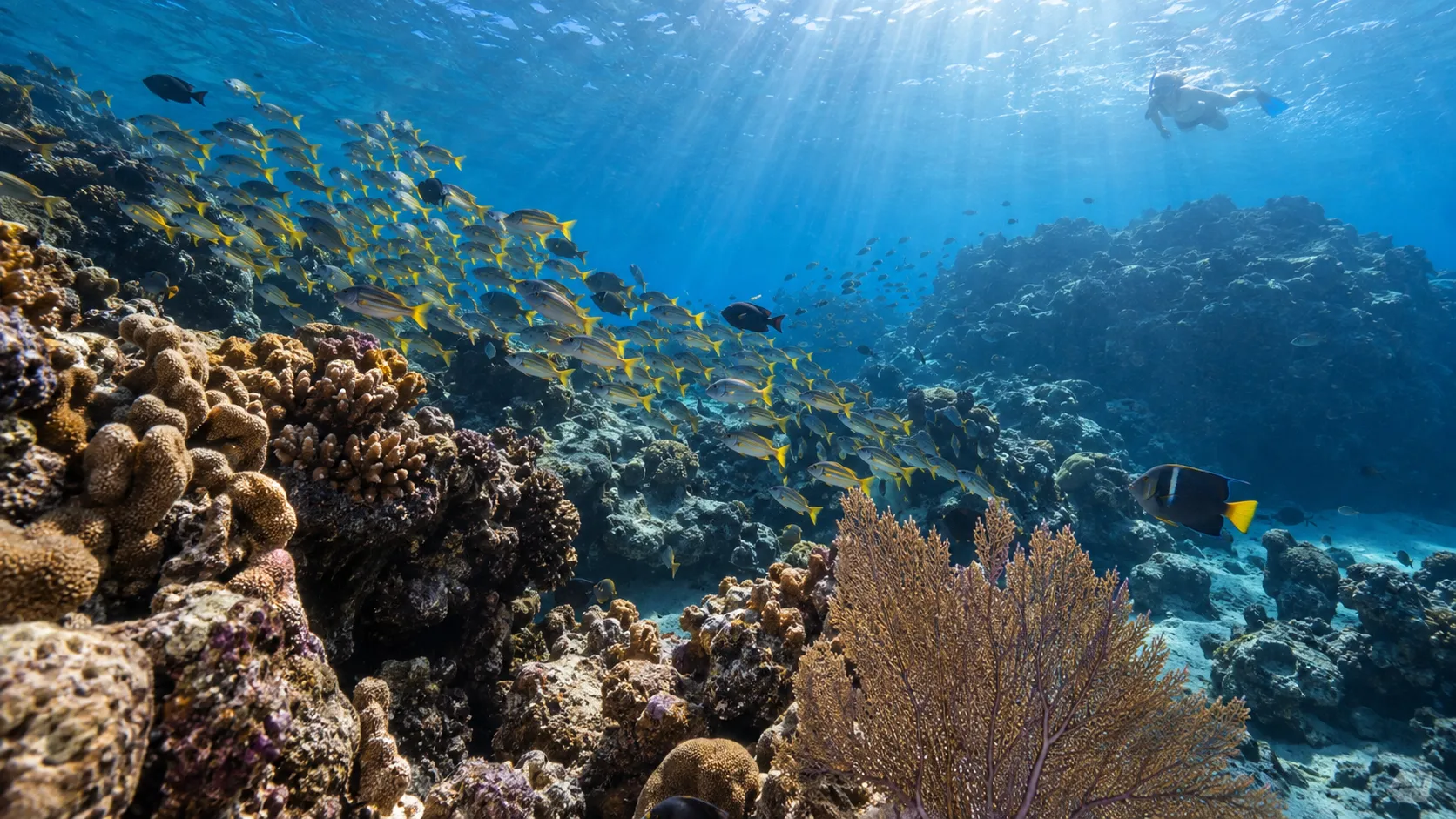 A snorkeler floats above a thriving reef in Cabo Pulmo National Park.