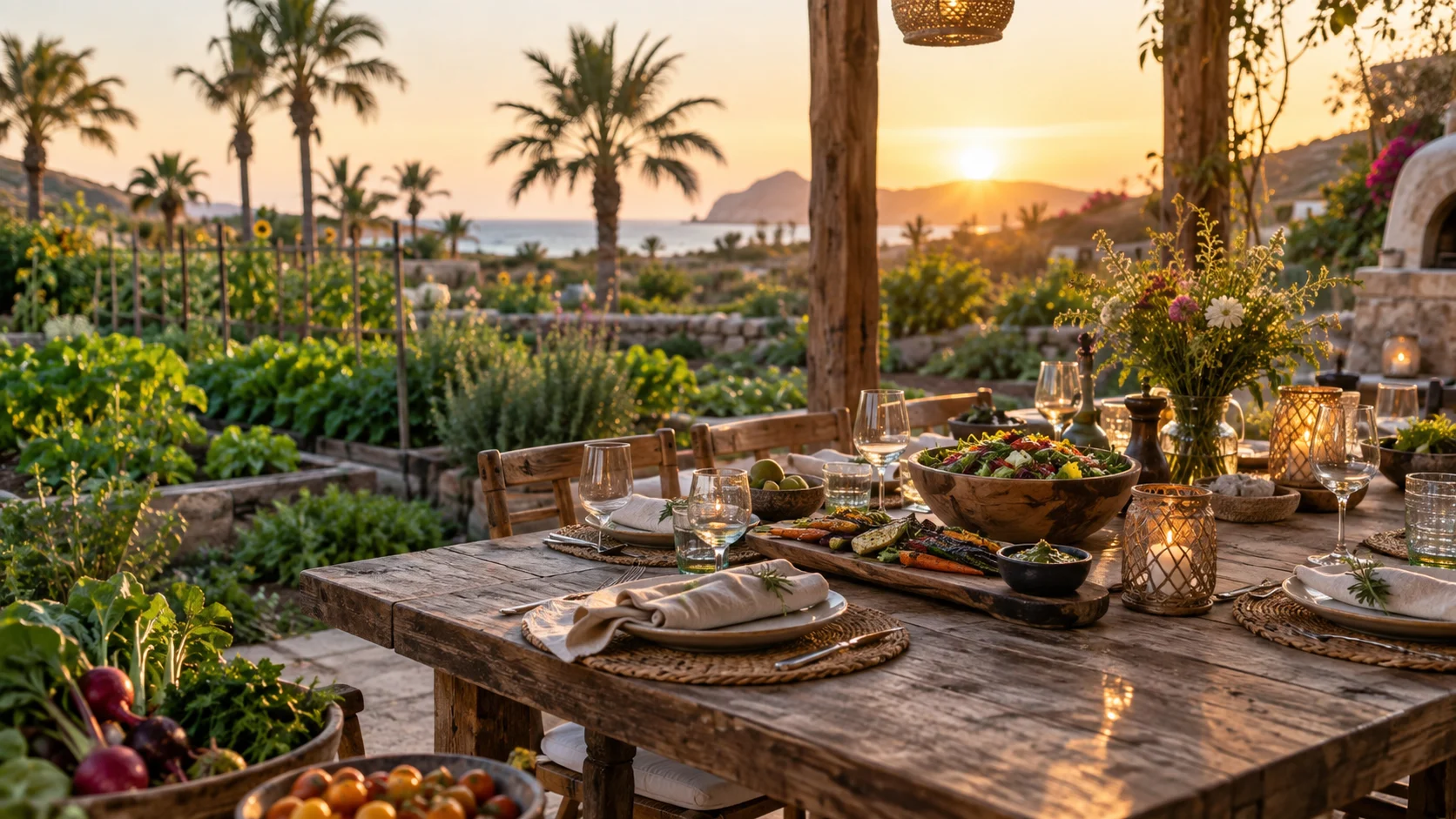 A shaded farm table is set among palms and gardens near San José del Cabo.