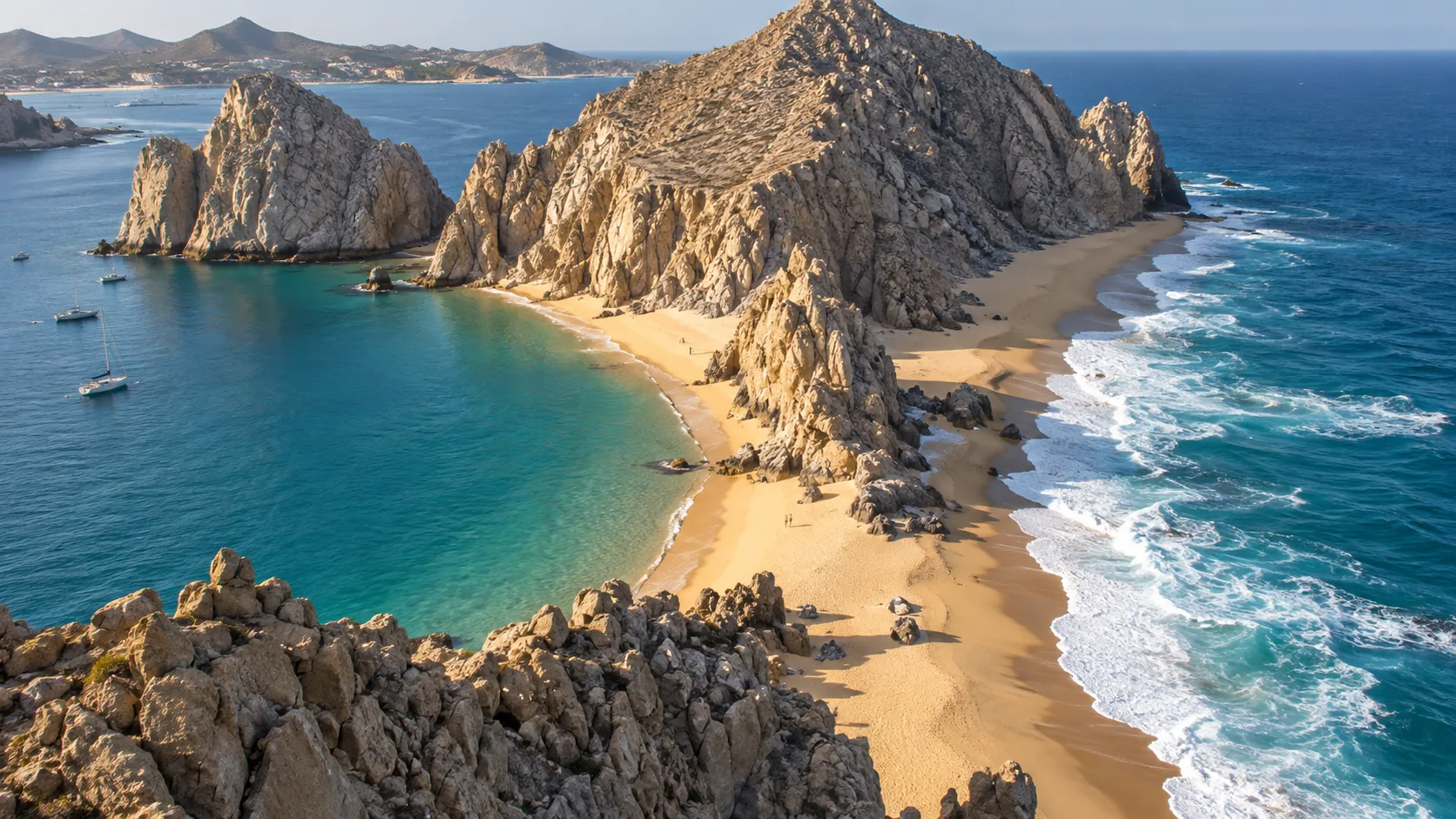 Golden sand lies between Lover's Beach and the Pacific-facing Divorce Beach.