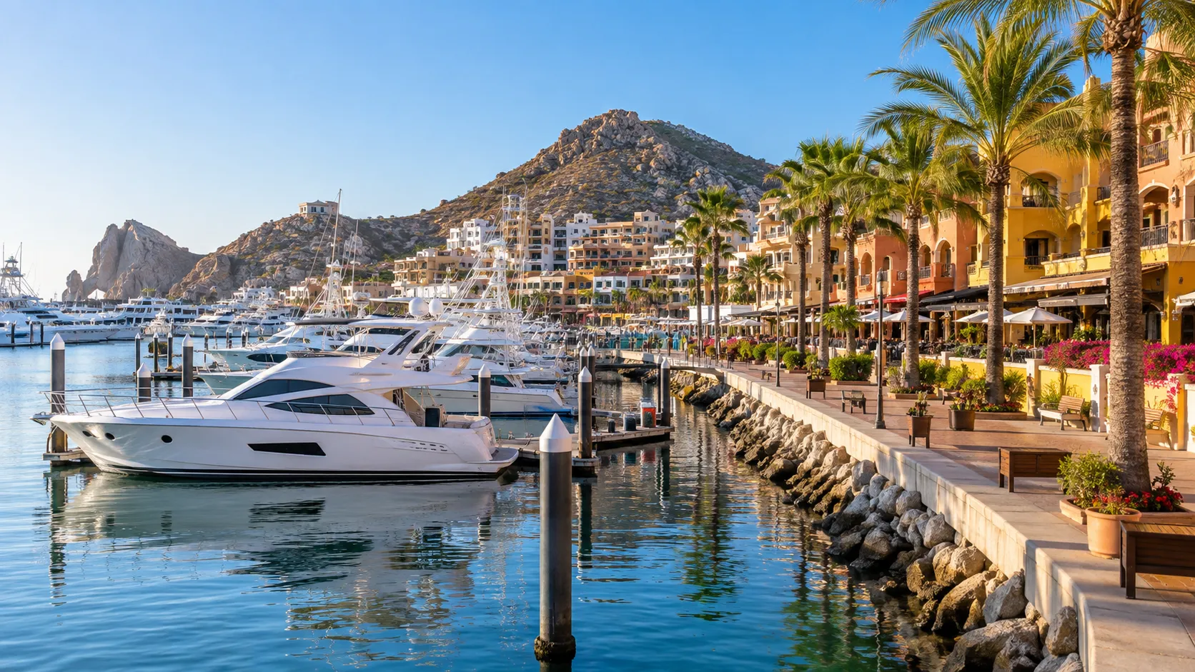 Yachts fill the Cabo San Lucas Marina beside the lively downtown waterfront.