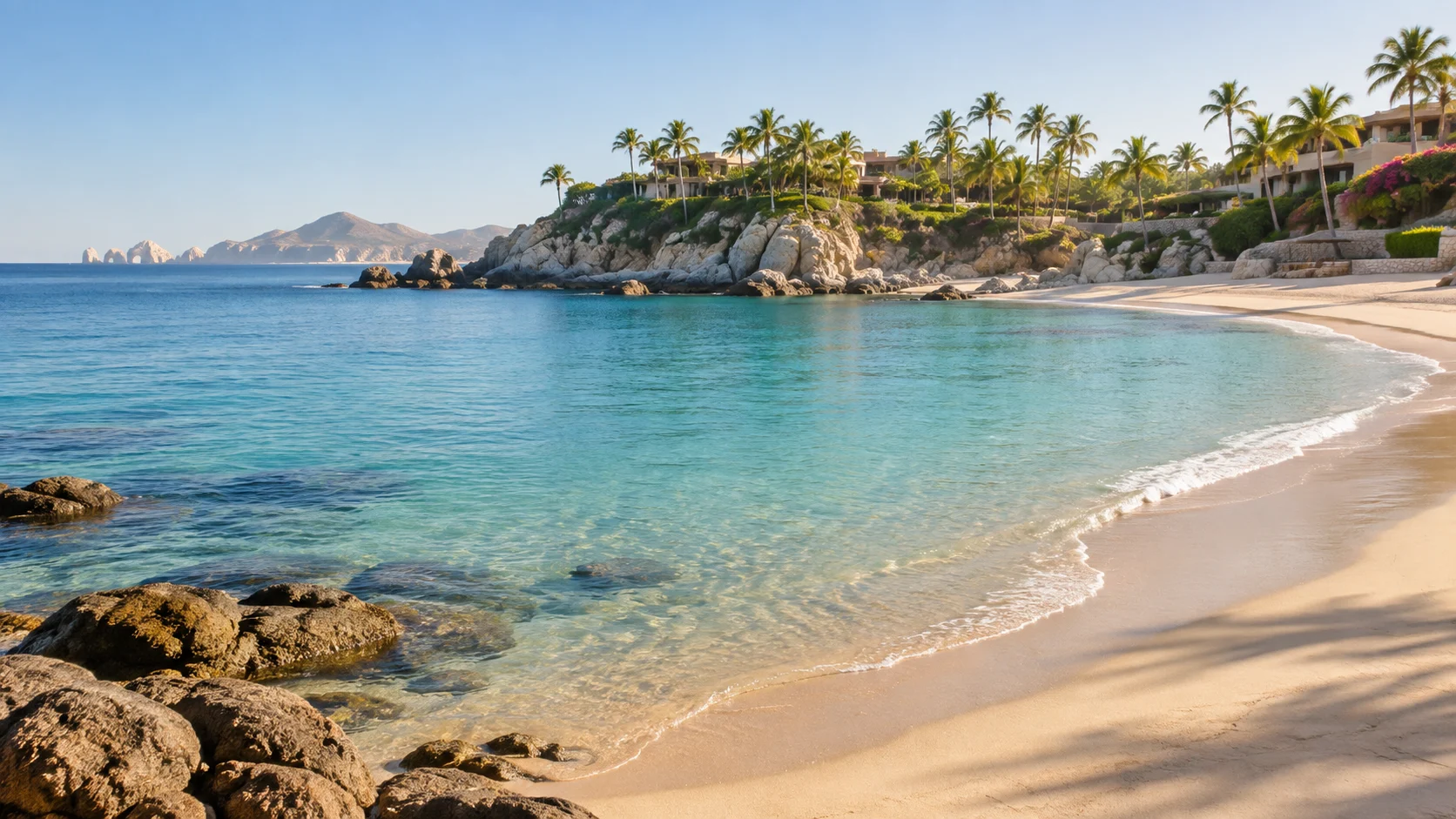 Calm water and a palm-dotted headland frame Palmilla Beach in Los Cabos.