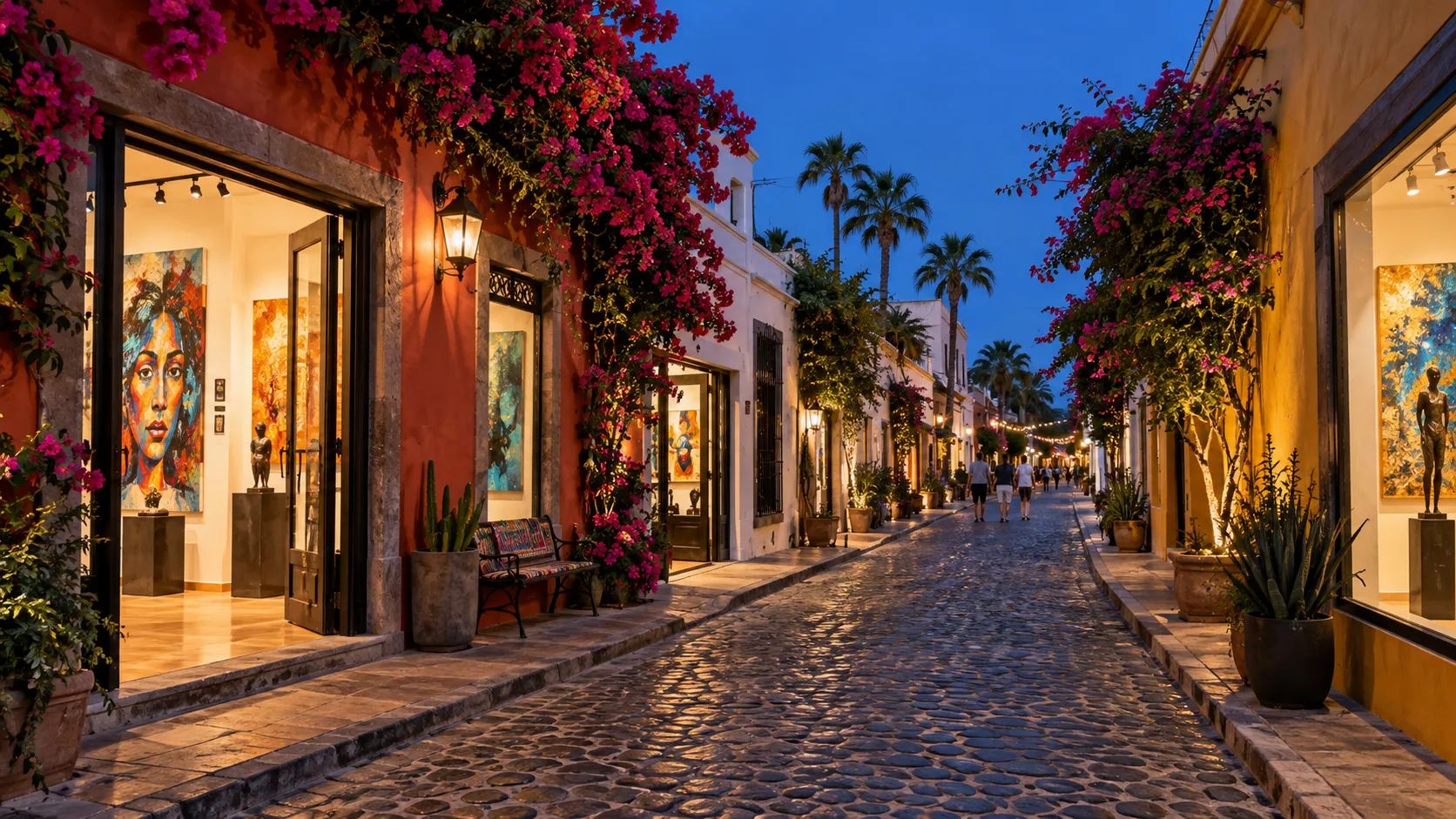 Colorful gallery facades line a cobbled lane in San José del Cabo's Art District.