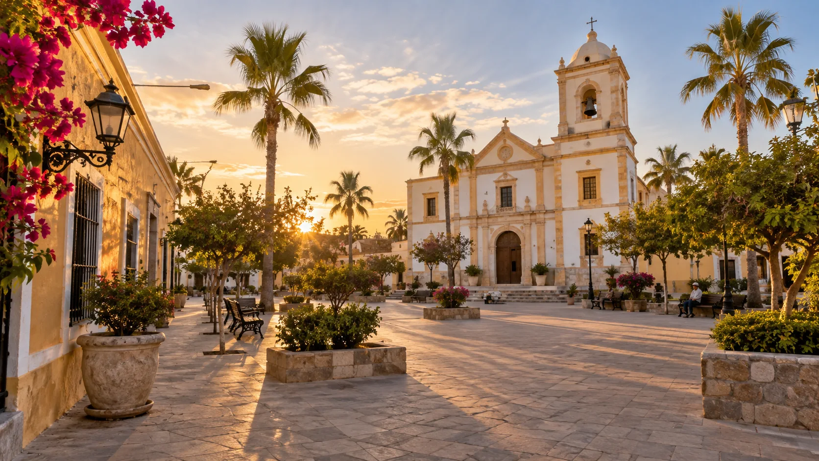 The historic mission overlooks the palm-lined plaza in San José del Cabo.