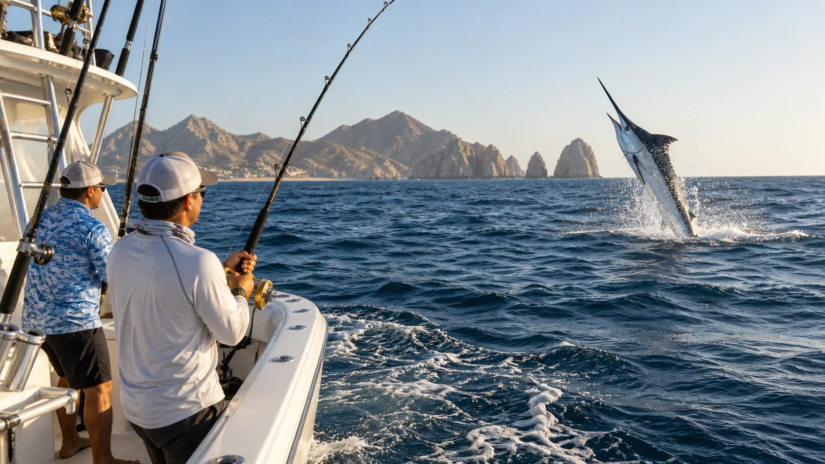 A sportfishing boat follows a leaping marlin in the waters off Los Cabos.