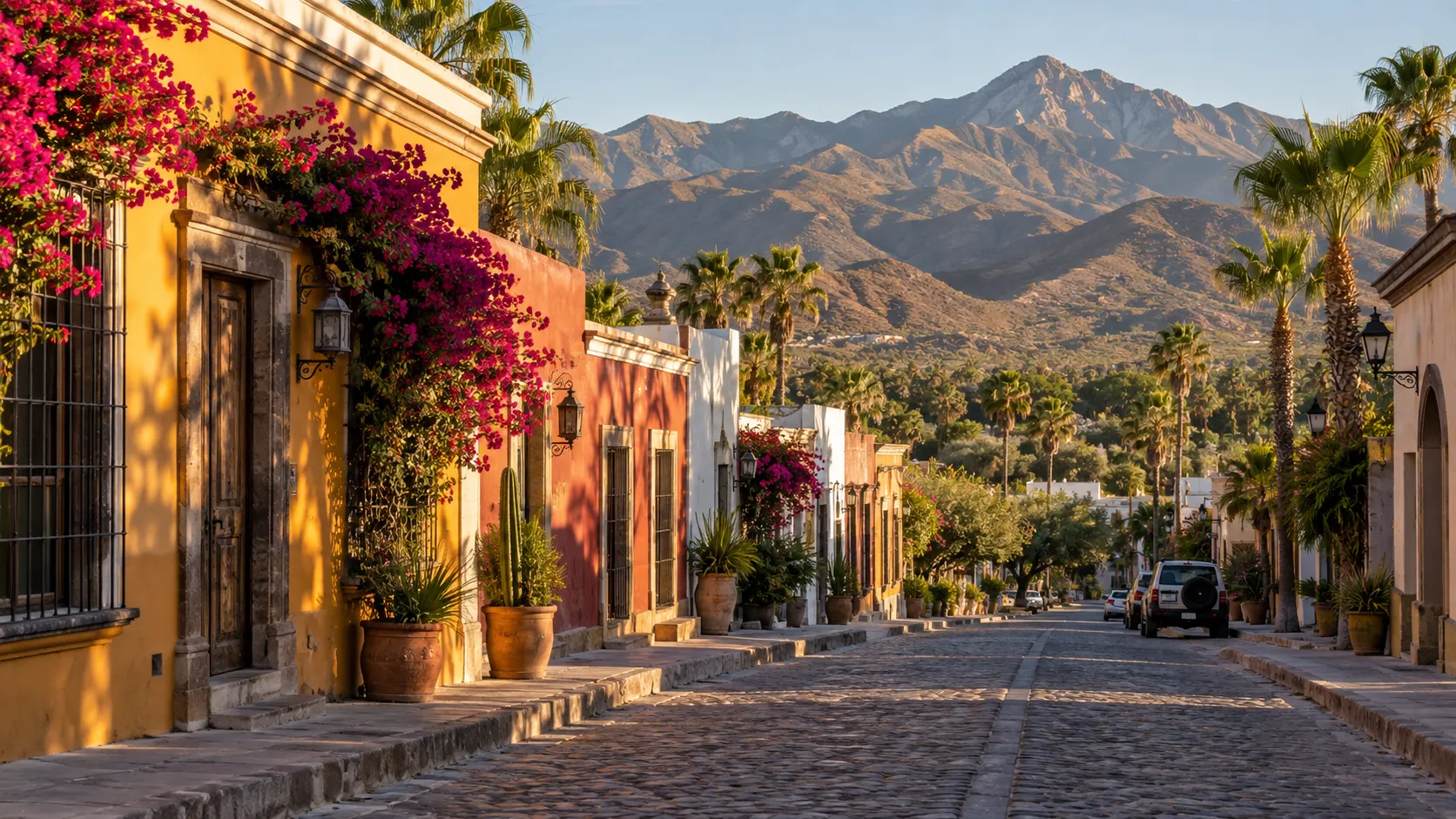 A colorful historic street in Todos Santos opens toward the Sierra de la Laguna.