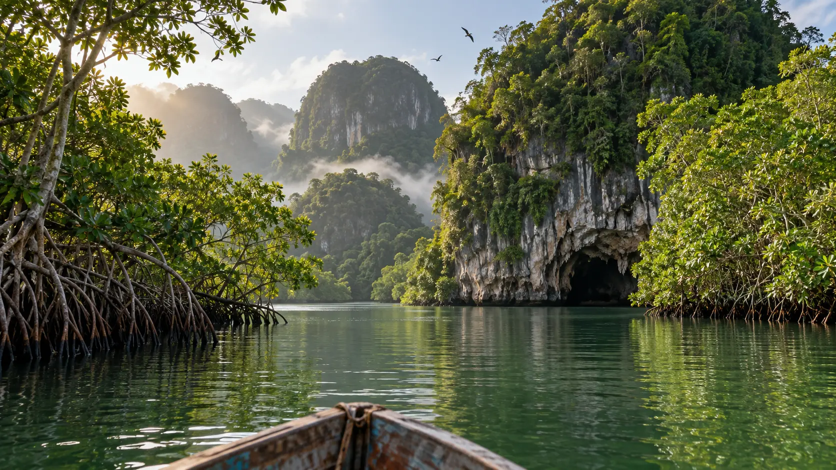 Mangrove roots, rounded karst hills and a cave entrance along a calm Los Haitises waterway.