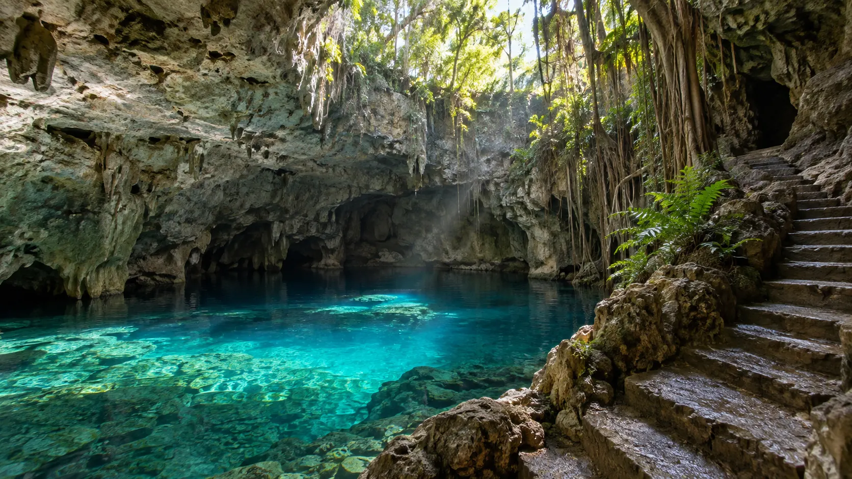 A clear turquoise freshwater pool inside the limestone caverns of Los Tres Ojos in Santo Domingo.