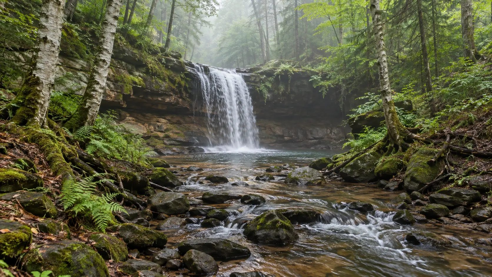 Lost Creek Falls flowing from a mossy sandstone ledge in a misty Bayfield County forest.