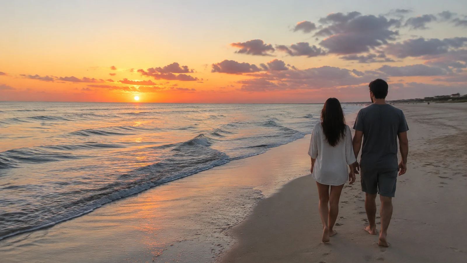 Couple walking hand in hand along a beach at sunset
