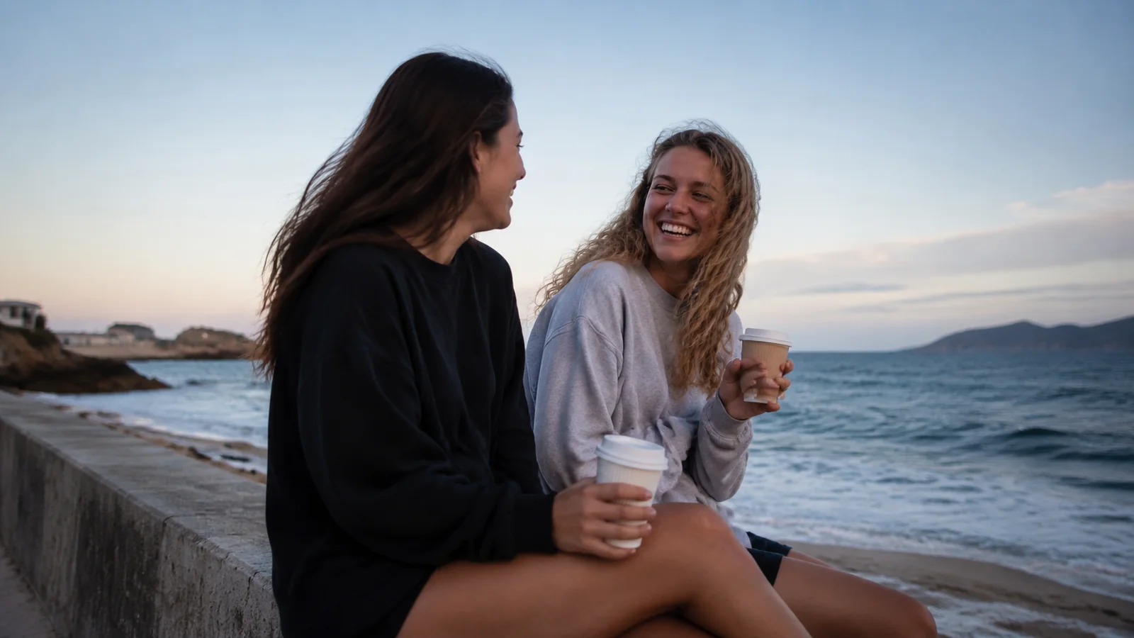 Two women holding takeaway cups while talking beside the sea