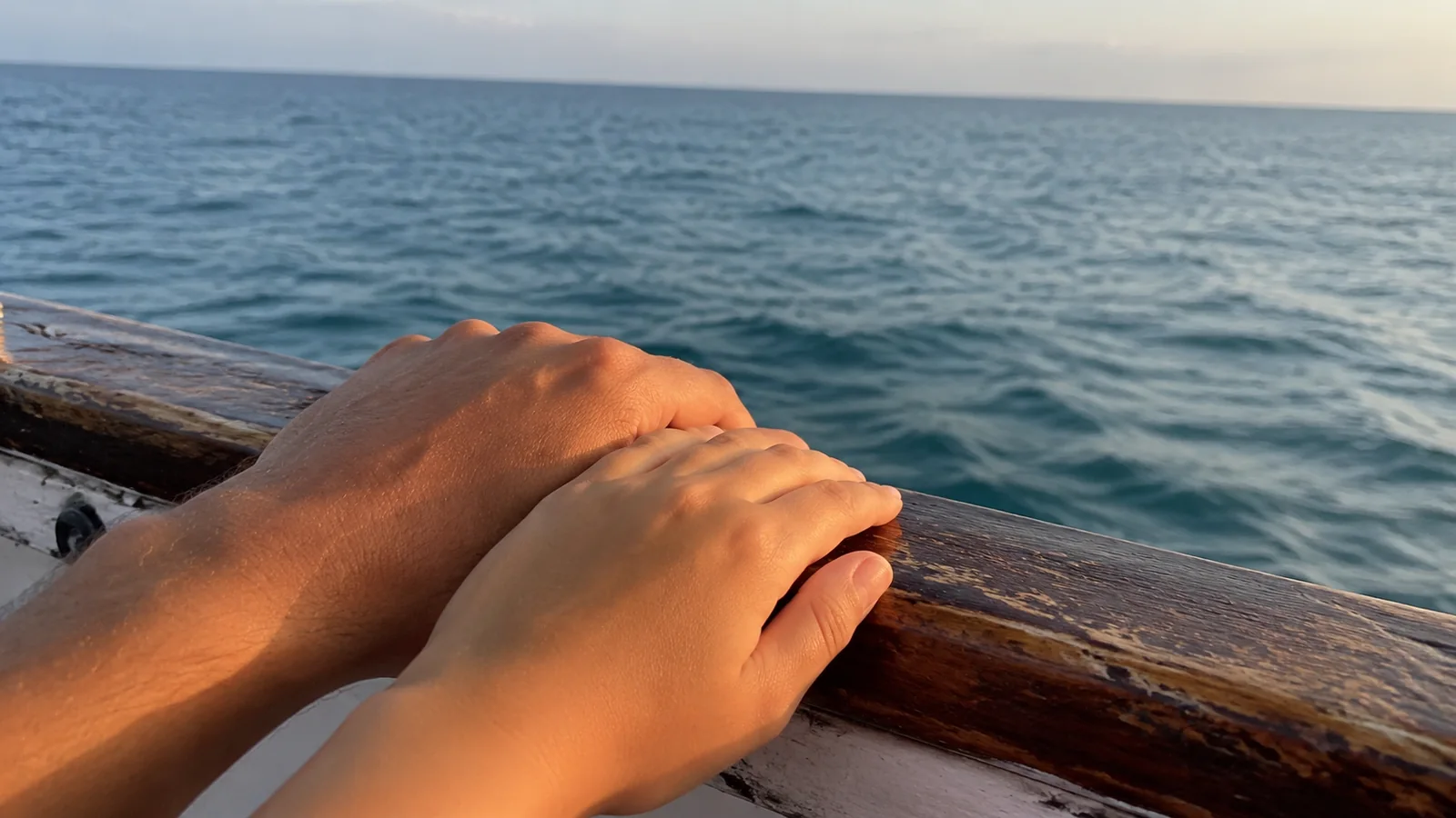 Two hands resting together on a wooden railing above the ocean