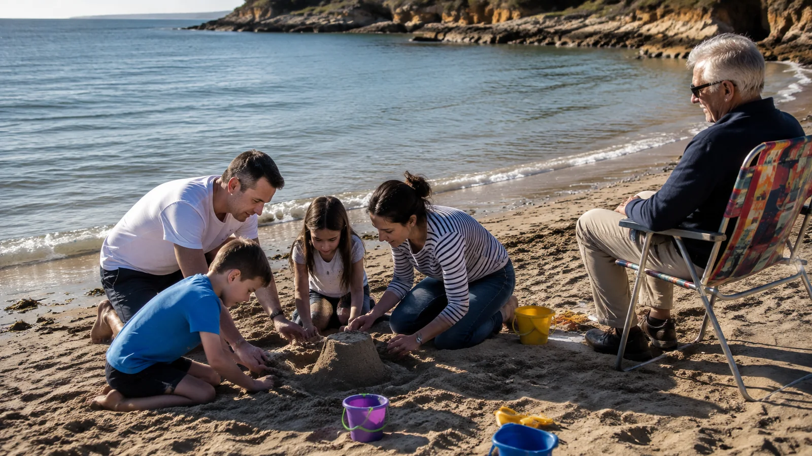 Family building a sandcastle on a beach while an older man sits nearby