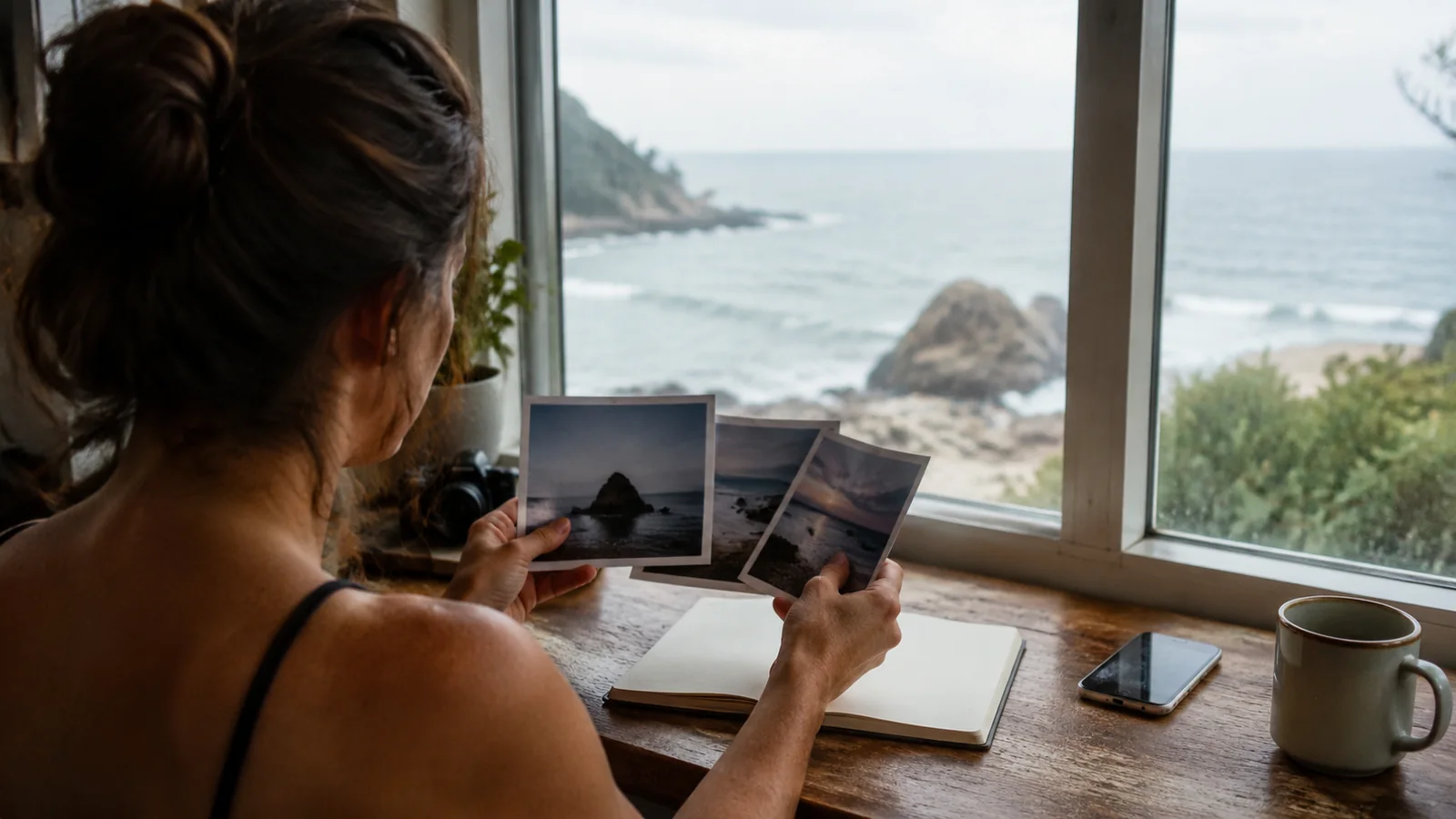 Woman reviewing printed photographs at a table overlooking a rocky coastline