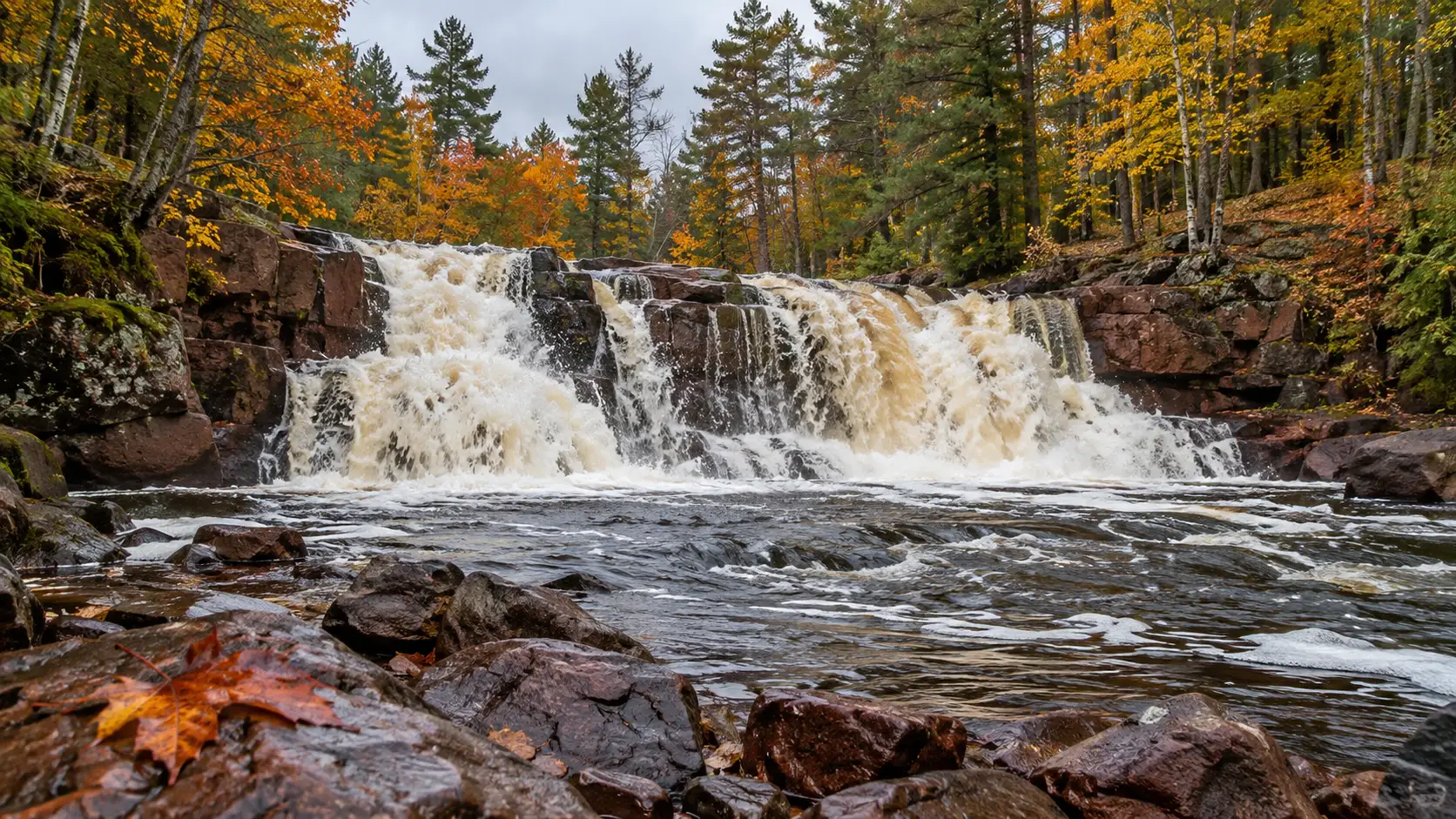 Lower Falls spreading across dark red rock below peak autumn trees at Amnicon Falls State Park.