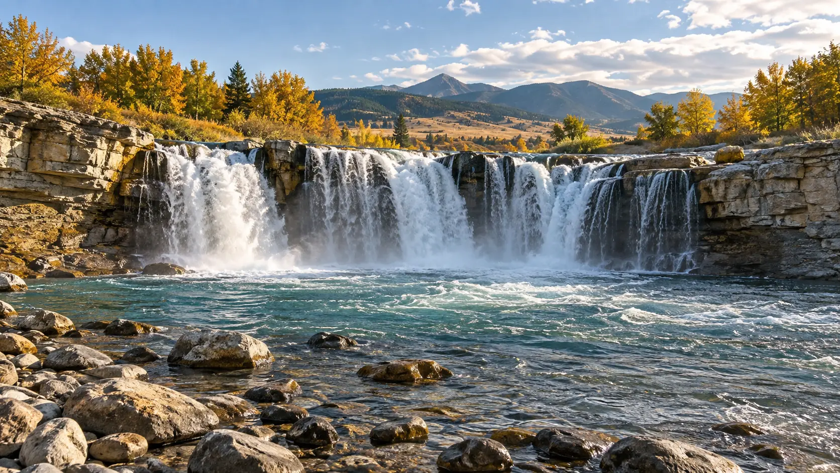 Lundbreck Falls spans the Crowsnest River beneath golden cottonwoods and Alberta foothills.
