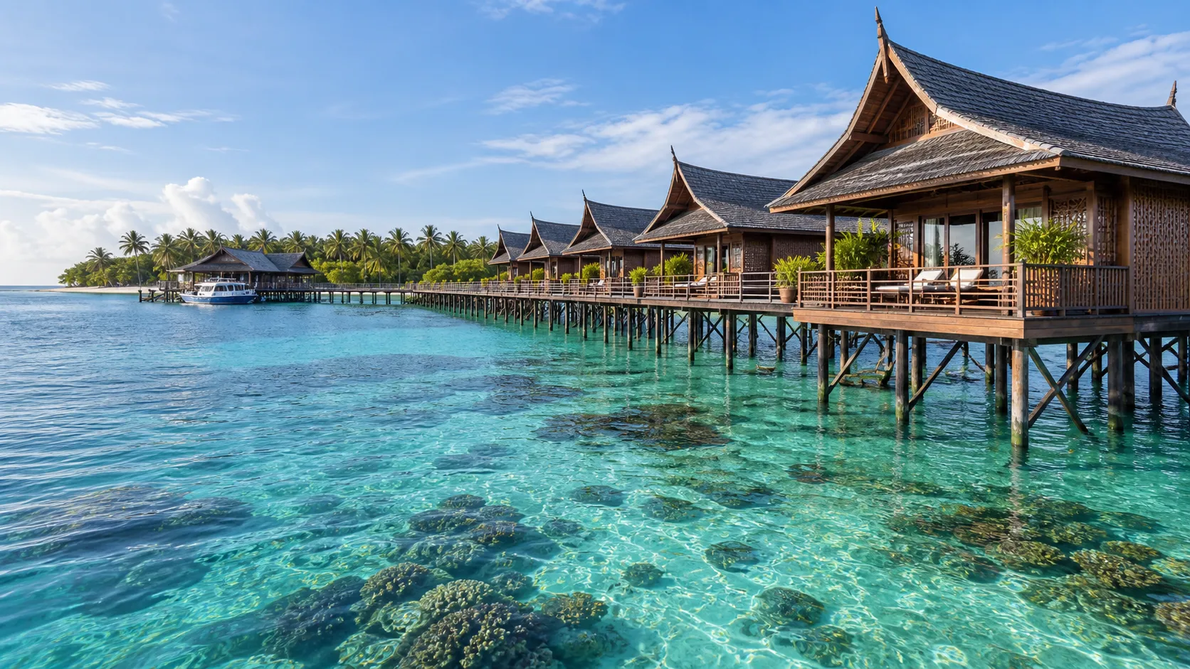 Traditional timber chalets at Mabul Water Bungalows above the clear Celebes Sea in Sabah.