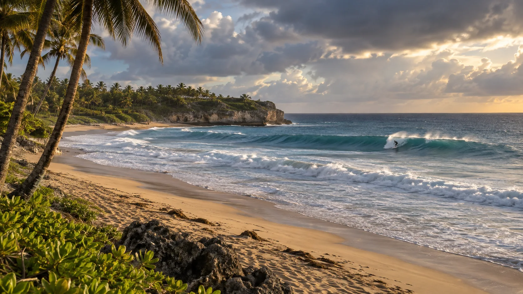 A lone distant surfer rides a rolling wave at wild, palm-backed Macao Beach.